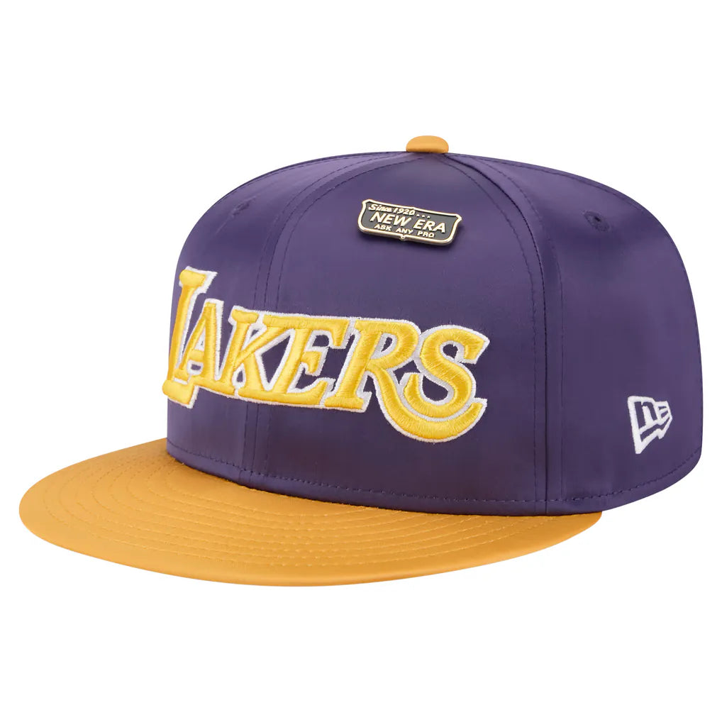 Los Angeles Lakers New Era Throwback Satin Vintage Pin Two-Tone 59FIFTY Fitted Hat - Purple/Gold