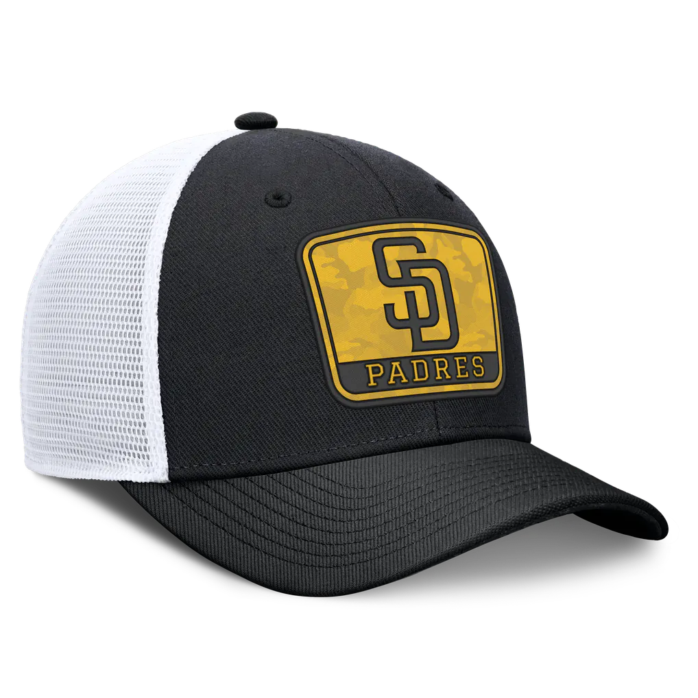 San Diego Padres Nike Camo Rise Trucker Dri-FIT Adjustable Hat - Black/White