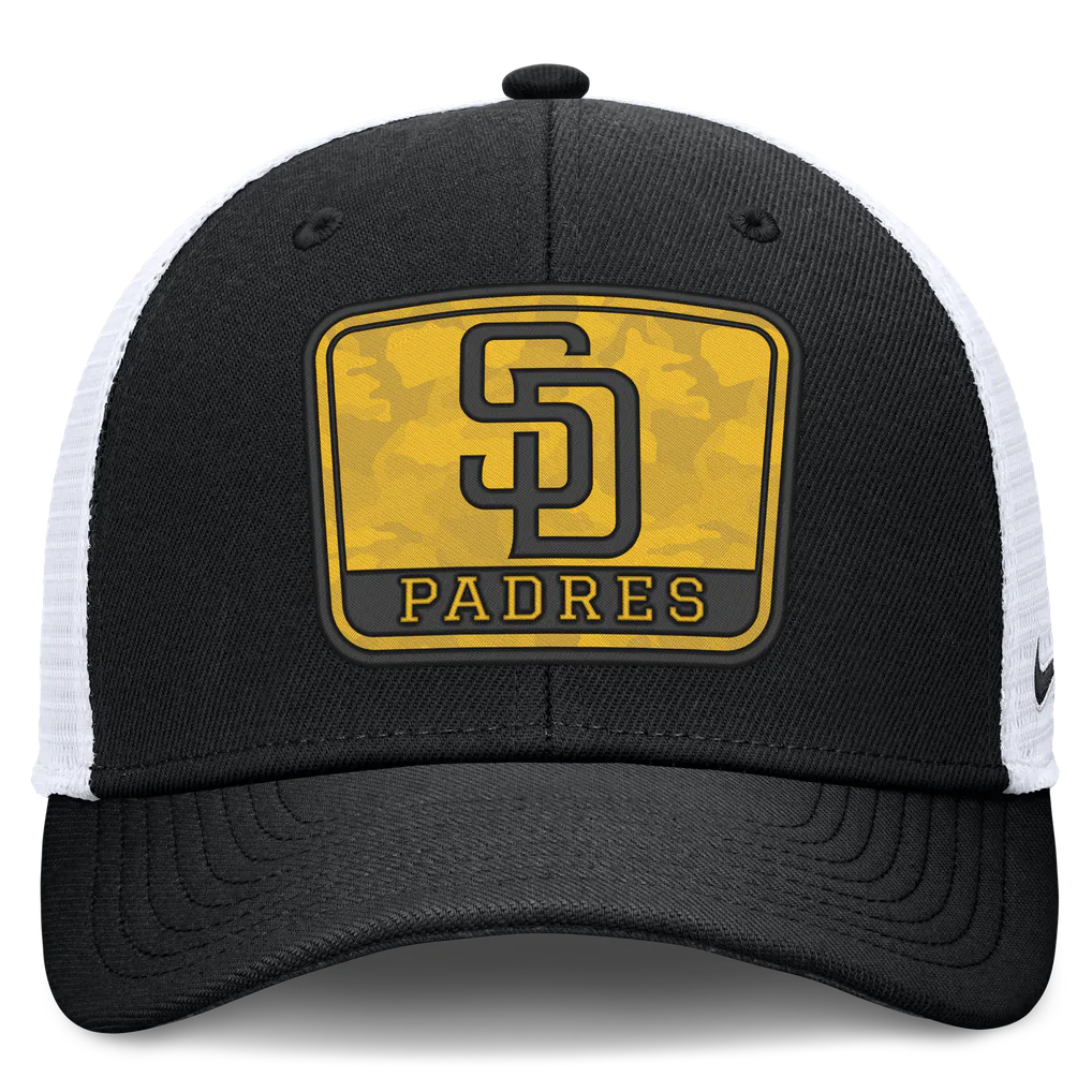 San Diego Padres Nike Camo Rise Trucker Dri-FIT Adjustable Hat - Black/White Techwosell