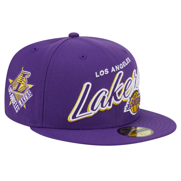 Los Angeles Lakers New Era Sport Night Script Sided 59FIFTY Fitted Hat - Purple