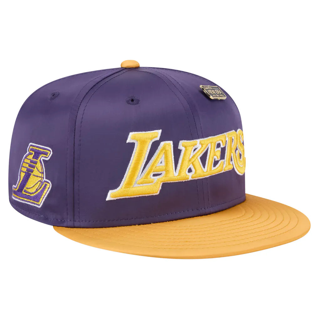 Los Angeles Lakers New Era Throwback Satin Vintage Pin Two-Tone 59FIFTY Fitted Hat - Purple/Gold Techwosell
