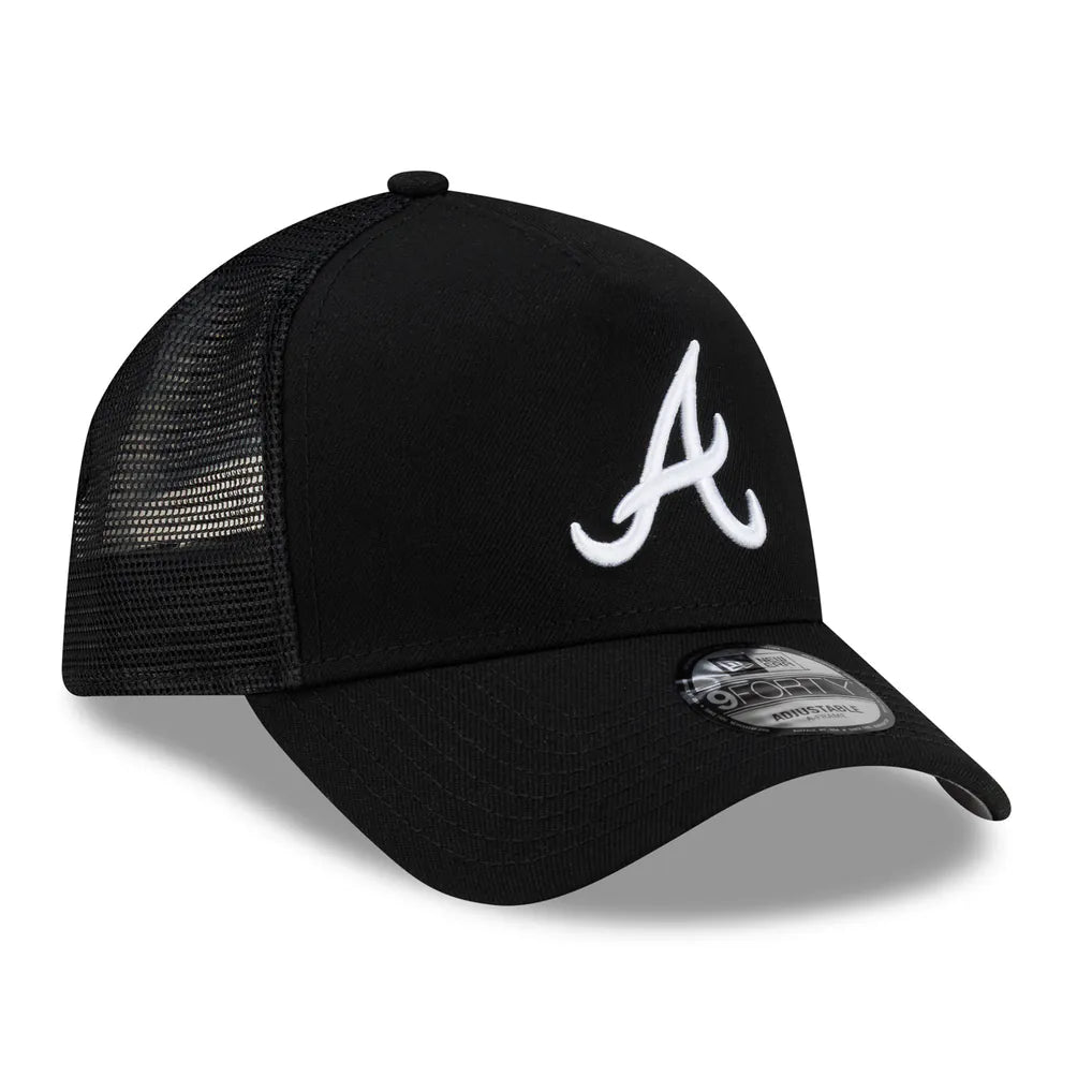 Atlanta Braves New Era Side Script 9FORTY A-Frame Trucker Adjustable Hat - Black