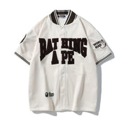 BATHNIG APE Men's BASEBALL JERSEY S/S SHIRT Brown / Ivory / Green Techwosell