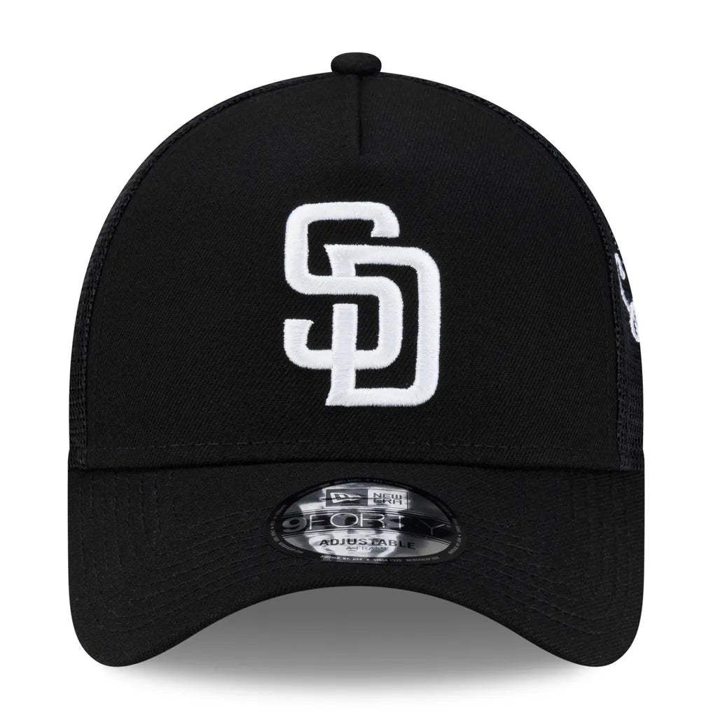 San Diego Padres New Era Side Script 9FORTY A-Frame Trucker Adjustable Hat - Black