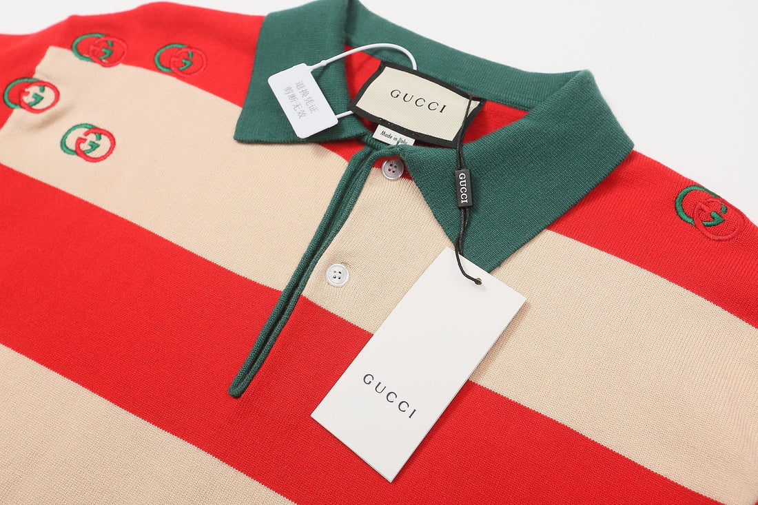 GUCCI Long sleeve polo shirt Interlocking G Knit Cream Red Green mens Techwosell