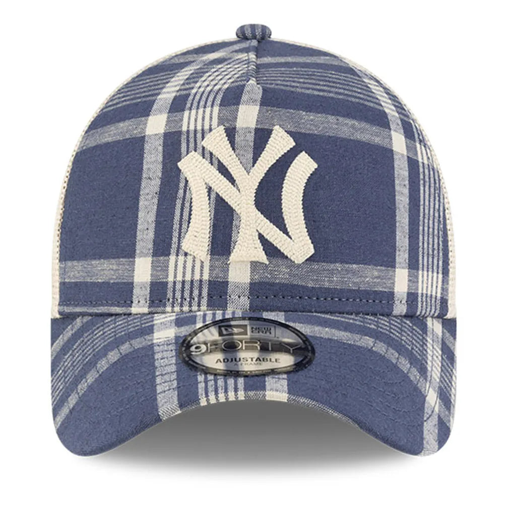 New York Yankees New Era x Ralph Lauren Plaid 9FORTY A-Frame Trucker Adjustable Hat - Navy/Light Beige Techwosell