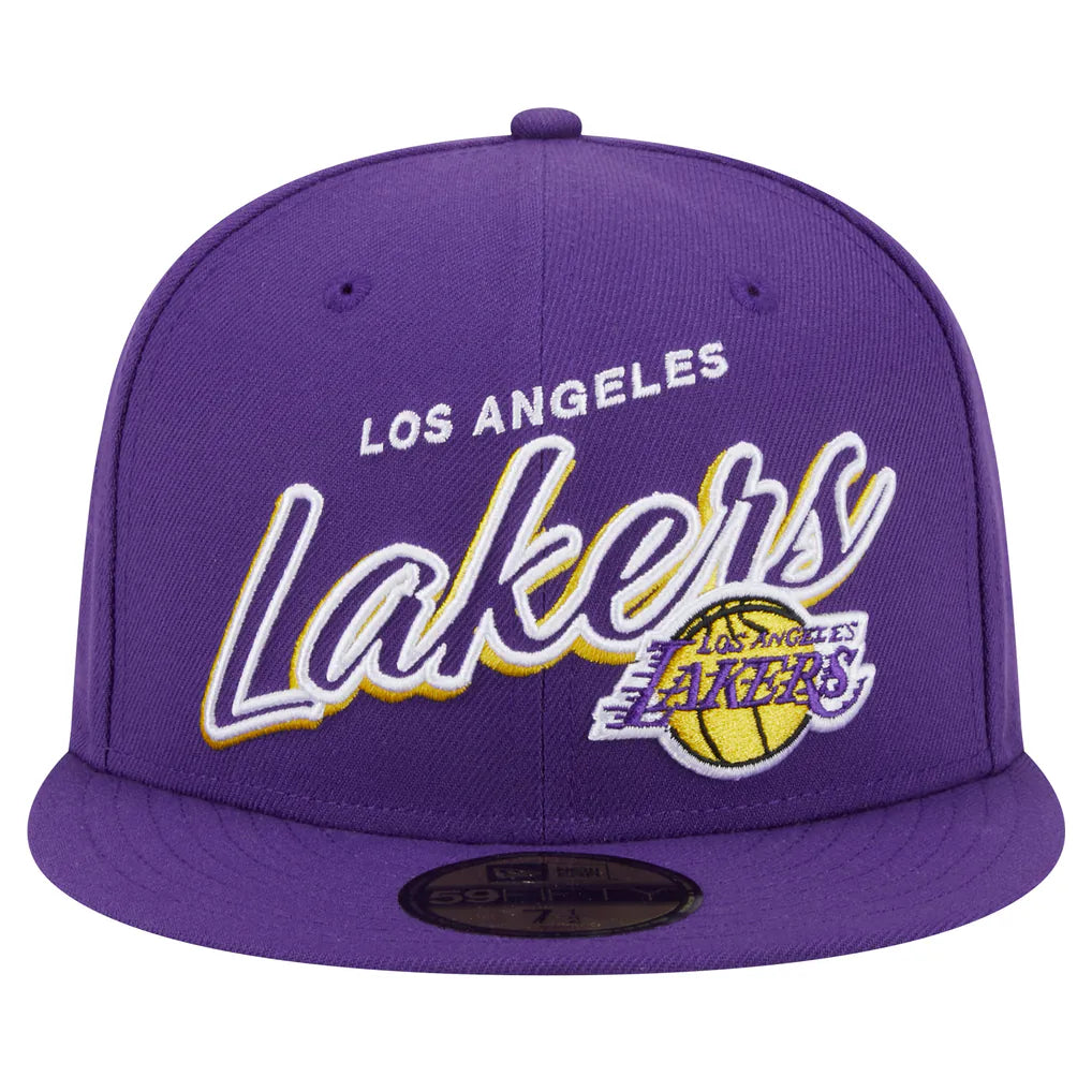 Los Angeles Lakers New Era Sport Night Script Sided 59FIFTY Fitted Hat - Purple
