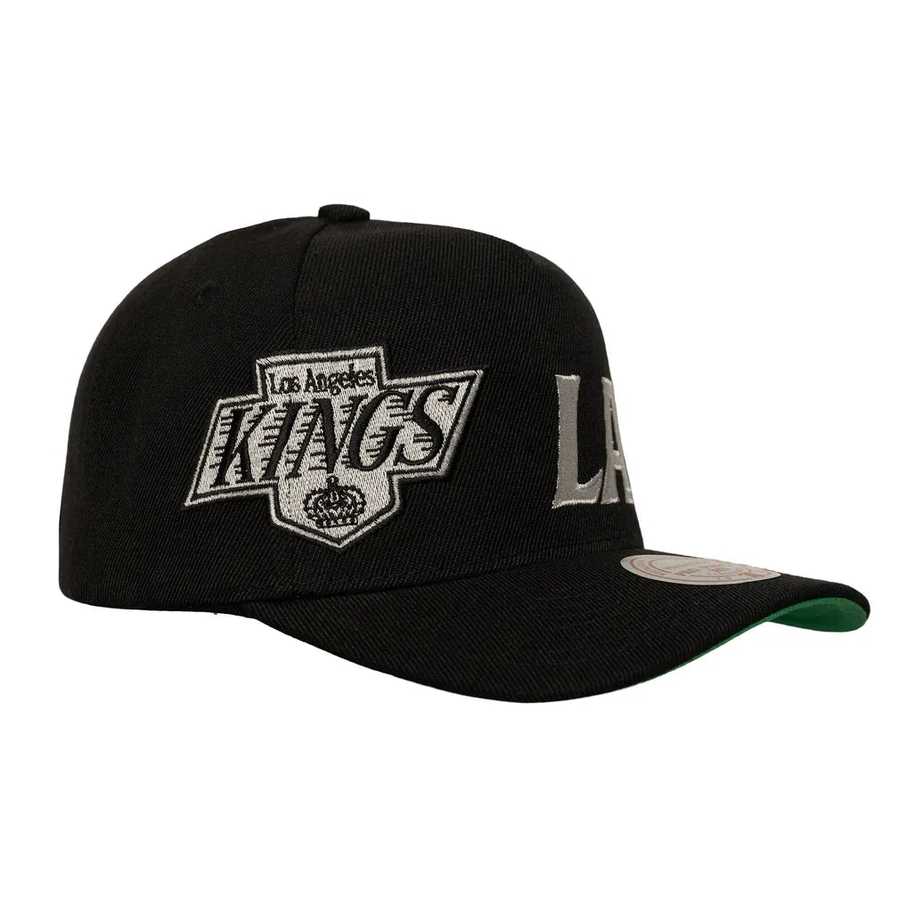 Los Angeles Kings Mitchell & Ness Busted Logo Wordmark Wrap-Around Pro Pinch Adjustable Hat - Black