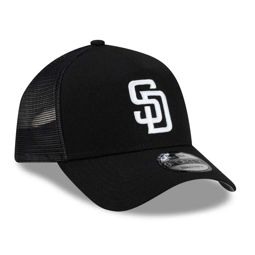 San Diego Padres New Era Side Script 9FORTY A-Frame Trucker Adjustable Hat - Black