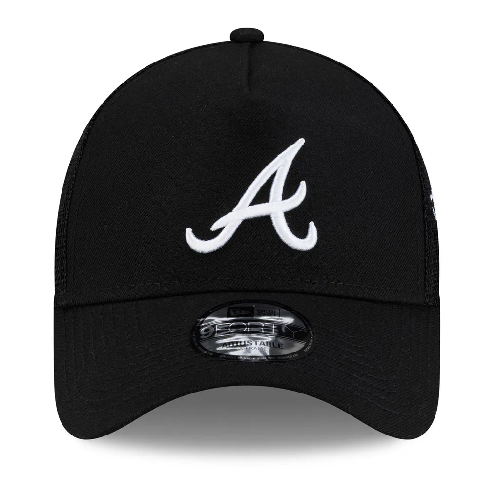 Atlanta Braves New Era Side Script 9FORTY A-Frame Trucker Adjustable Hat - Black Techwosell