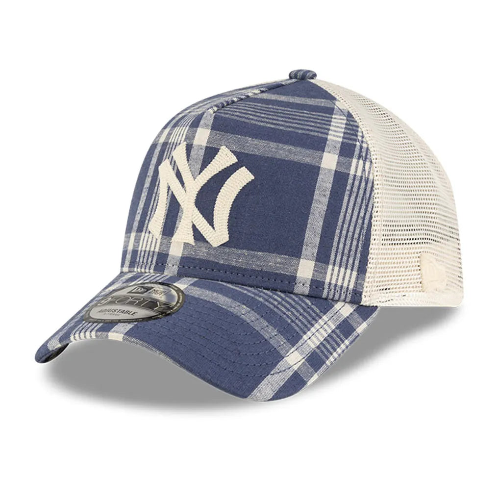 New York Yankees New Era x Ralph Lauren Plaid 9FORTY A-Frame Trucker Adjustable Hat - Navy/Light Beige