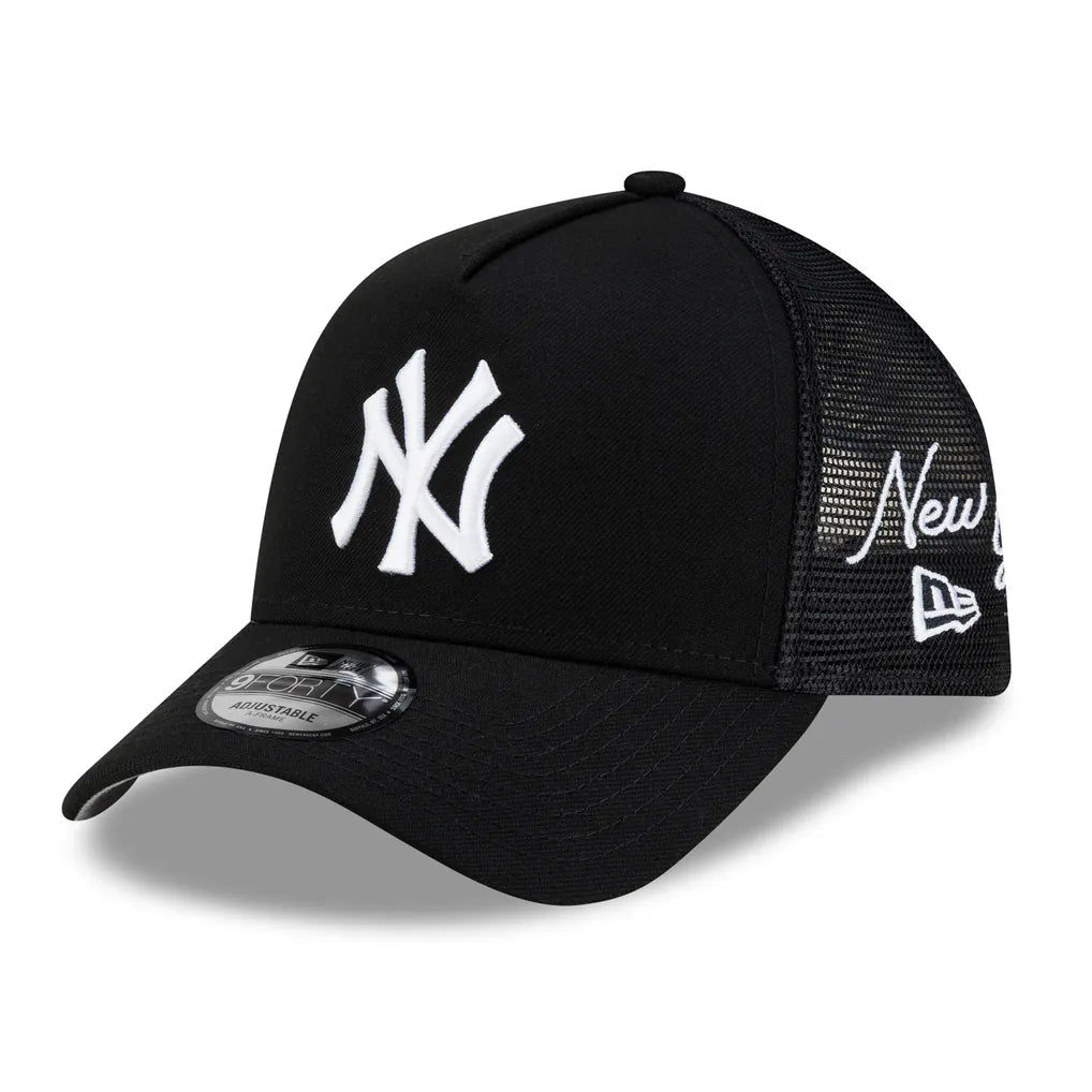 New York Yankees New Era Side Script 9FORTY A-Frame Trucker Adjustable Hat - Black