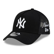 New York Yankees New Era Side Script 9FORTY A-Frame Trucker Adjustable Hat - Black Techwosell