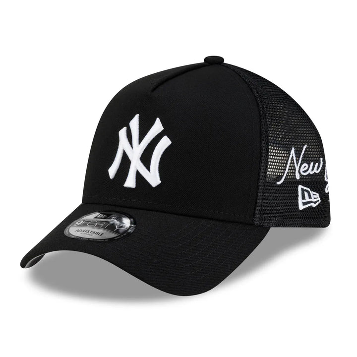 New York Yankees New Era Side Script 9FORTY A-Frame Trucker Adjustable Hat - Black