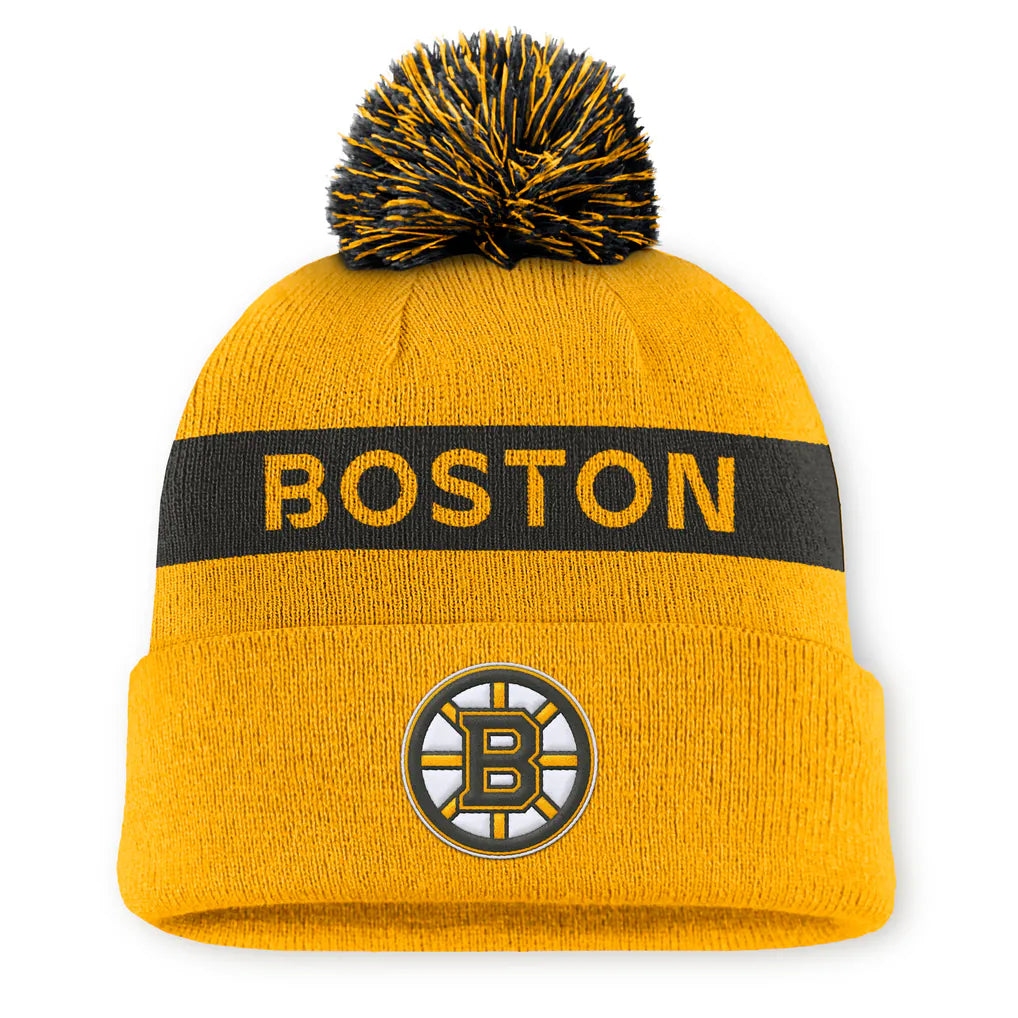 Boston Bruins Fanatics Women's Authentic Pro Rink Cuffed Knit Hat with Pom - Gold/Black Techwosell