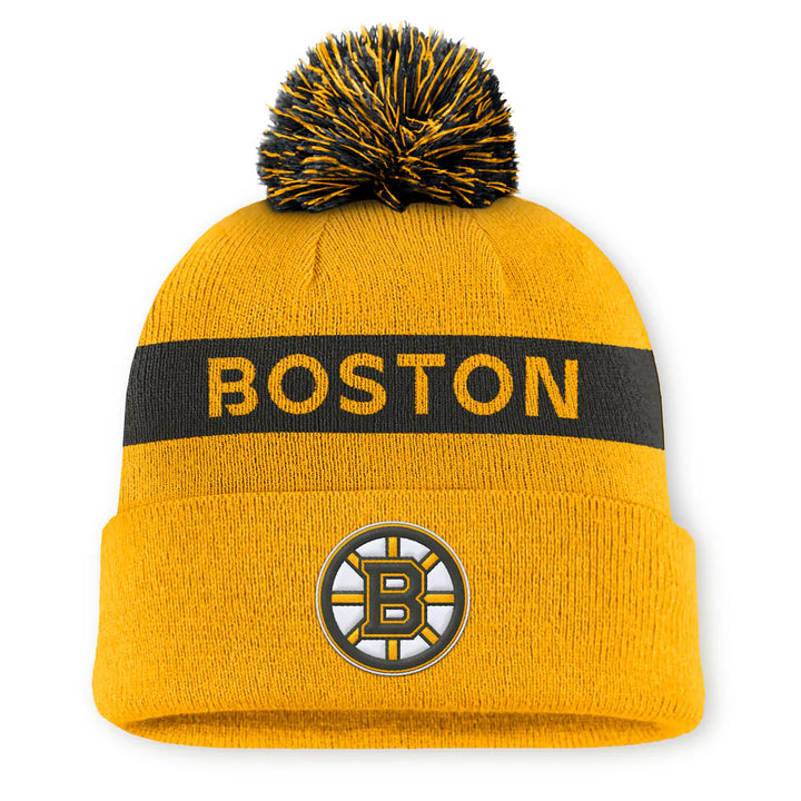 Boston Bruins Fanatics Women's Authentic Pro Rink Cuffed Knit Hat with Pom - Gold/Black