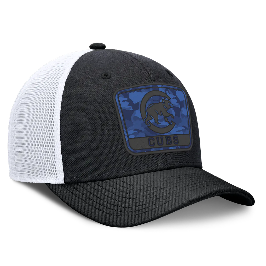 Chicago Cubs Nike Camo Rise Trucker Dri-FIT Adjustable Hat - Black/White