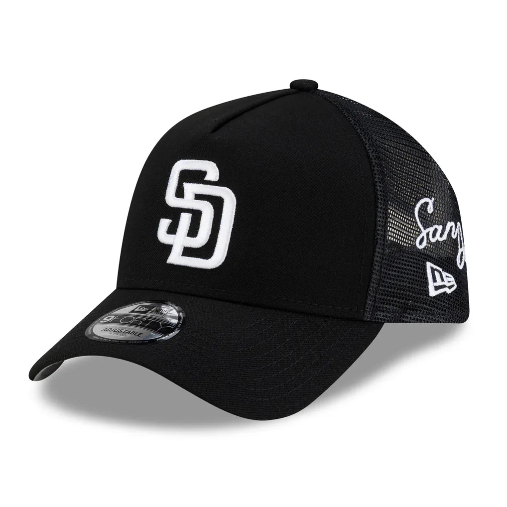 San Diego Padres New Era Side Script 9FORTY A-Frame Trucker Adjustable Hat - Black