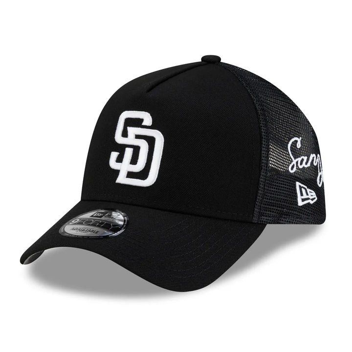 San Diego Padres New Era Side Script 9FORTY A-Frame Trucker Adjustable Hat - Black