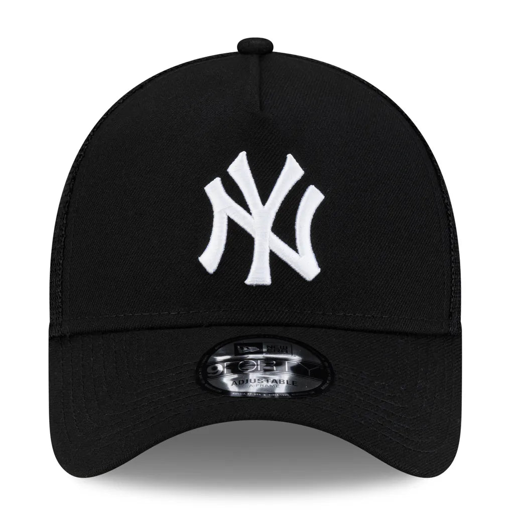 New York Yankees New Era Side Script 9FORTY A-Frame Trucker Adjustable Hat - Black Techwosell