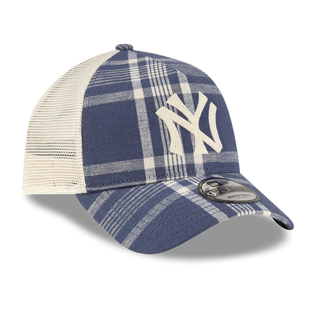 New York Yankees New Era x Ralph Lauren Plaid 9FORTY A-Frame Trucker Adjustable Hat - Navy/Light Beige