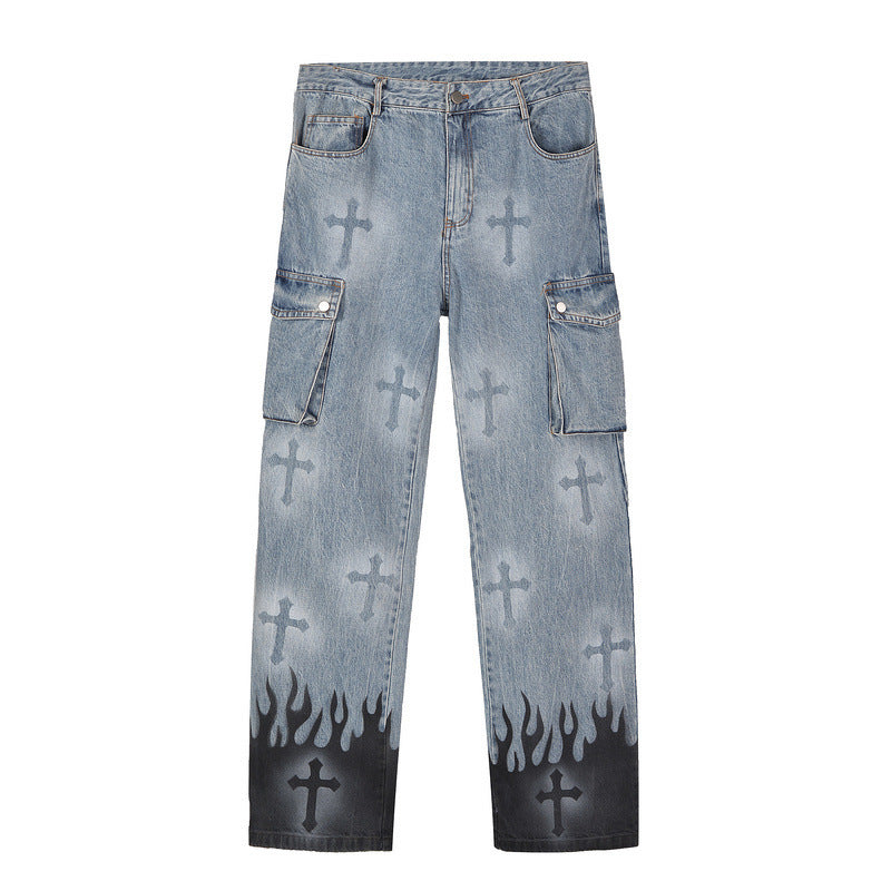 High Street Retro Cross Graffiti Loose Straight Jeans