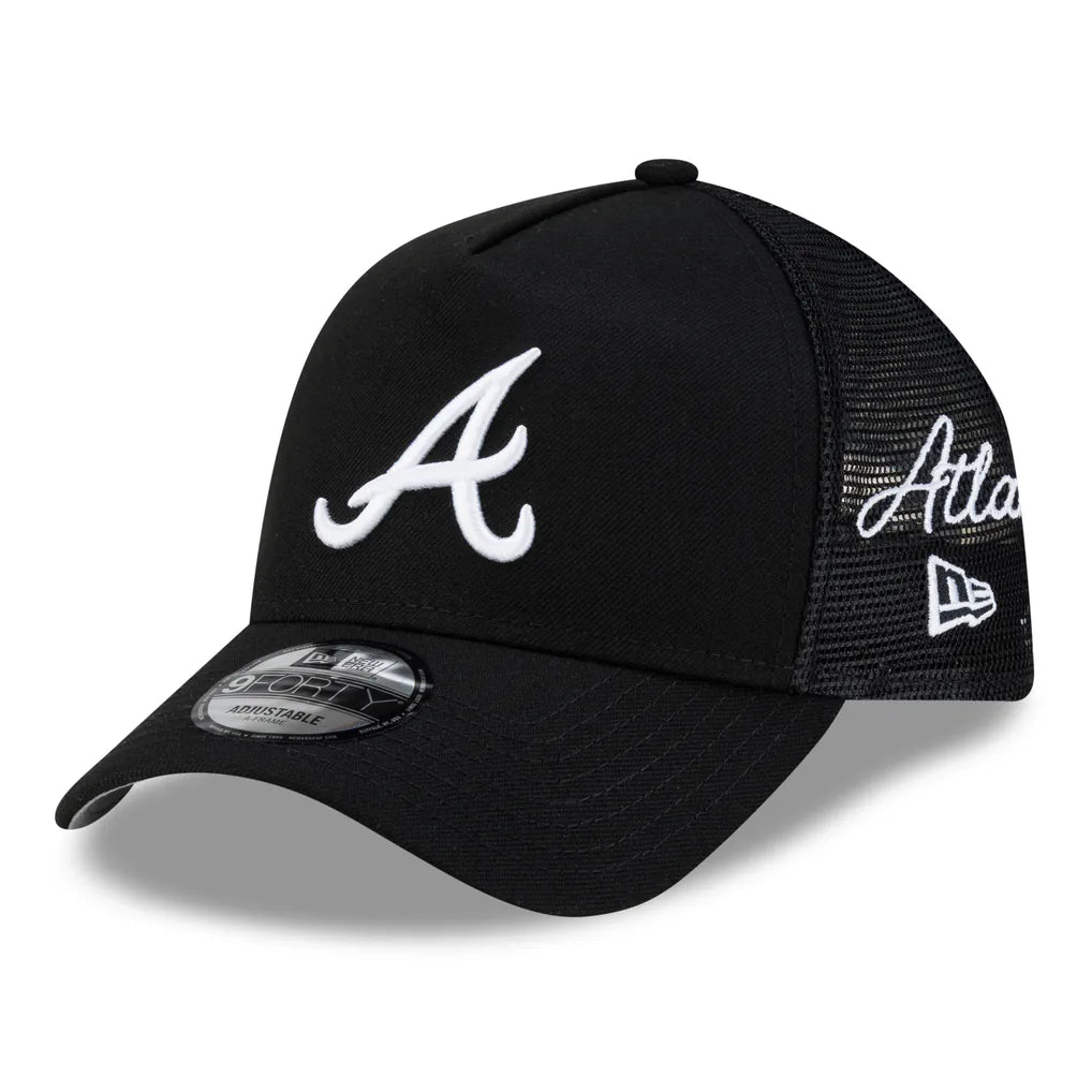 Atlanta Braves New Era Side Script 9FORTY A-Frame Trucker Adjustable Hat - Black