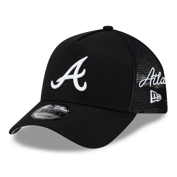 Atlanta Braves New Era Side Script 9FORTY A-Frame Trucker Adjustable Hat - Black