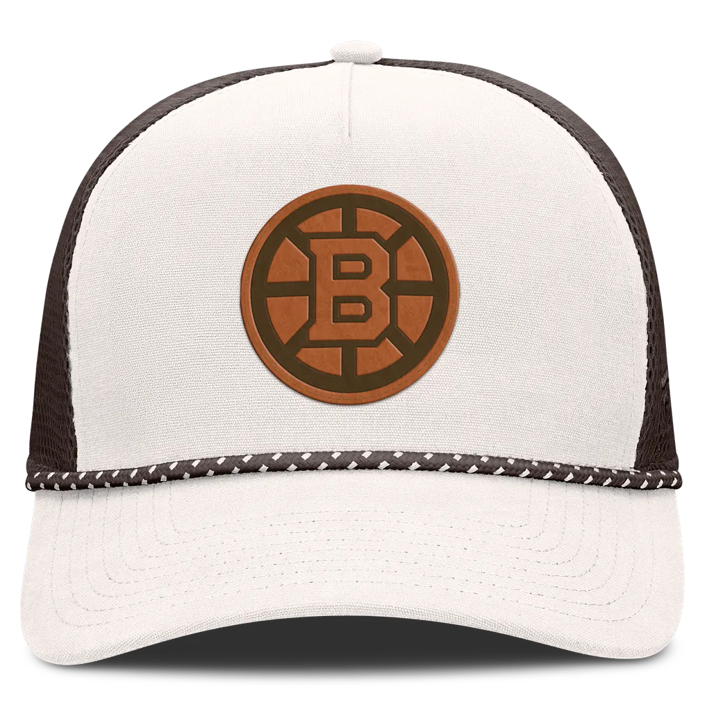 Boston Bruins Fanatics Level Up Bronco Rope A-Frame Trucker Adjustable Hat - Cream/Brown Techwosell