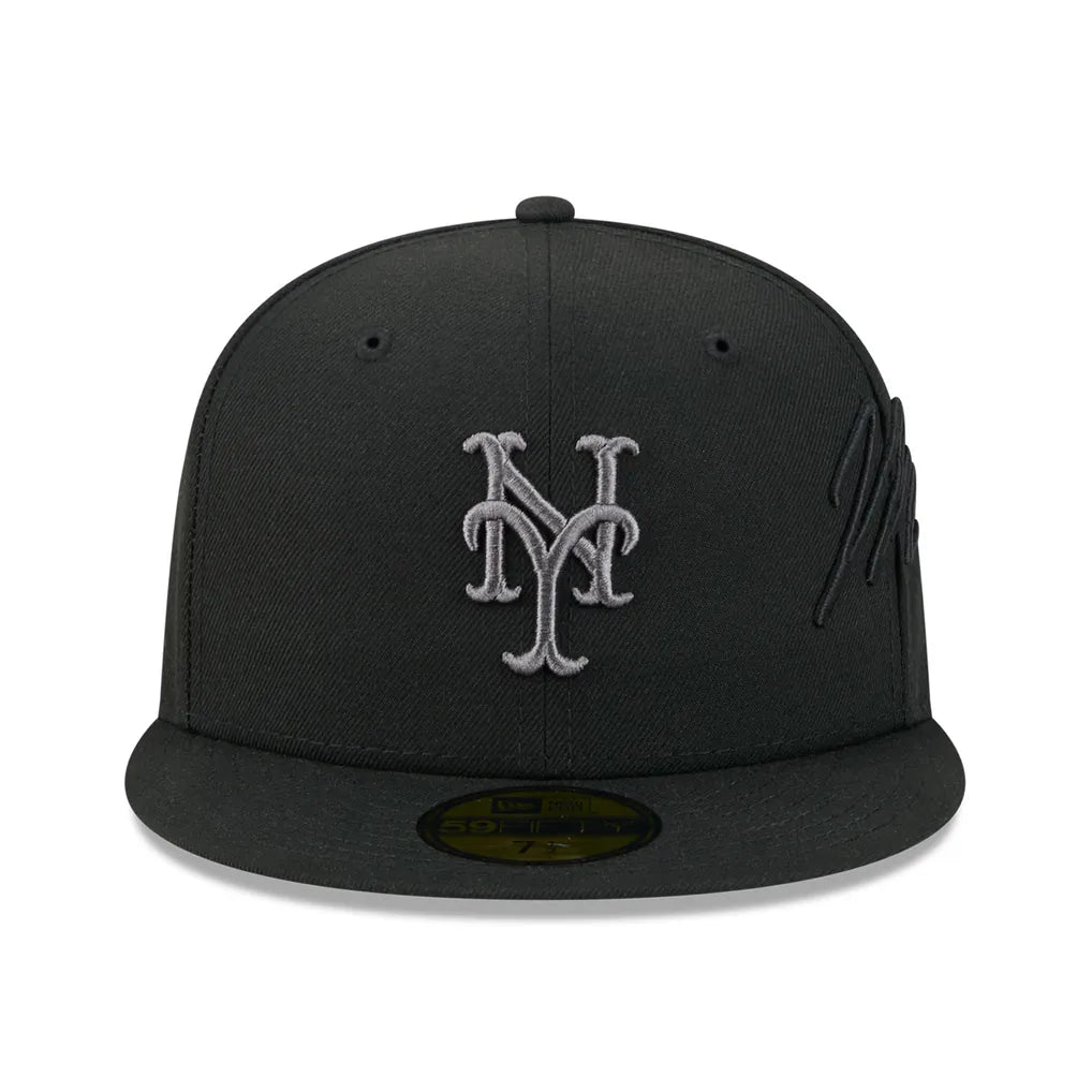 New York Mets New Era Side Script 59FIFTY Fitted Hat - Black Techwosell