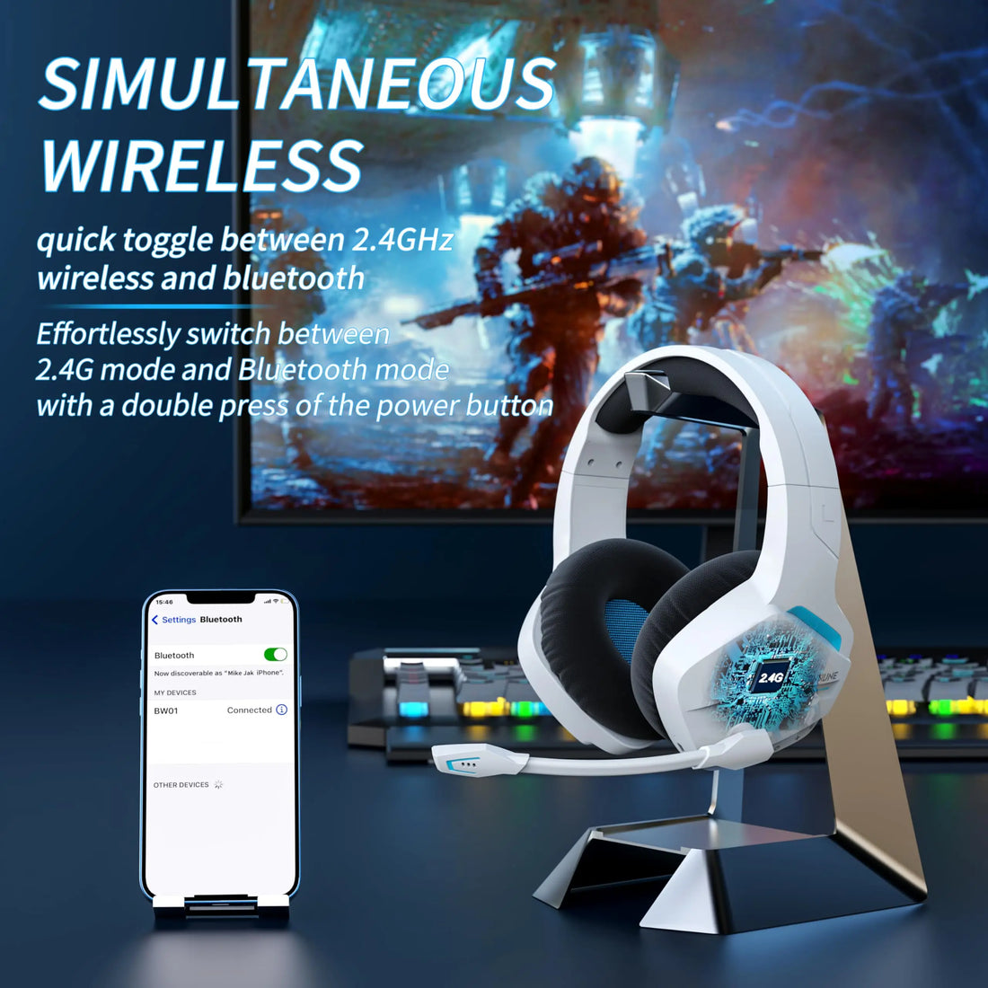 Wireless Gaming Headset  for PC PS4 PS5 Playstation 4 5, 2.4G Wireless Bluetooth USB Gamer Headphones with Mic