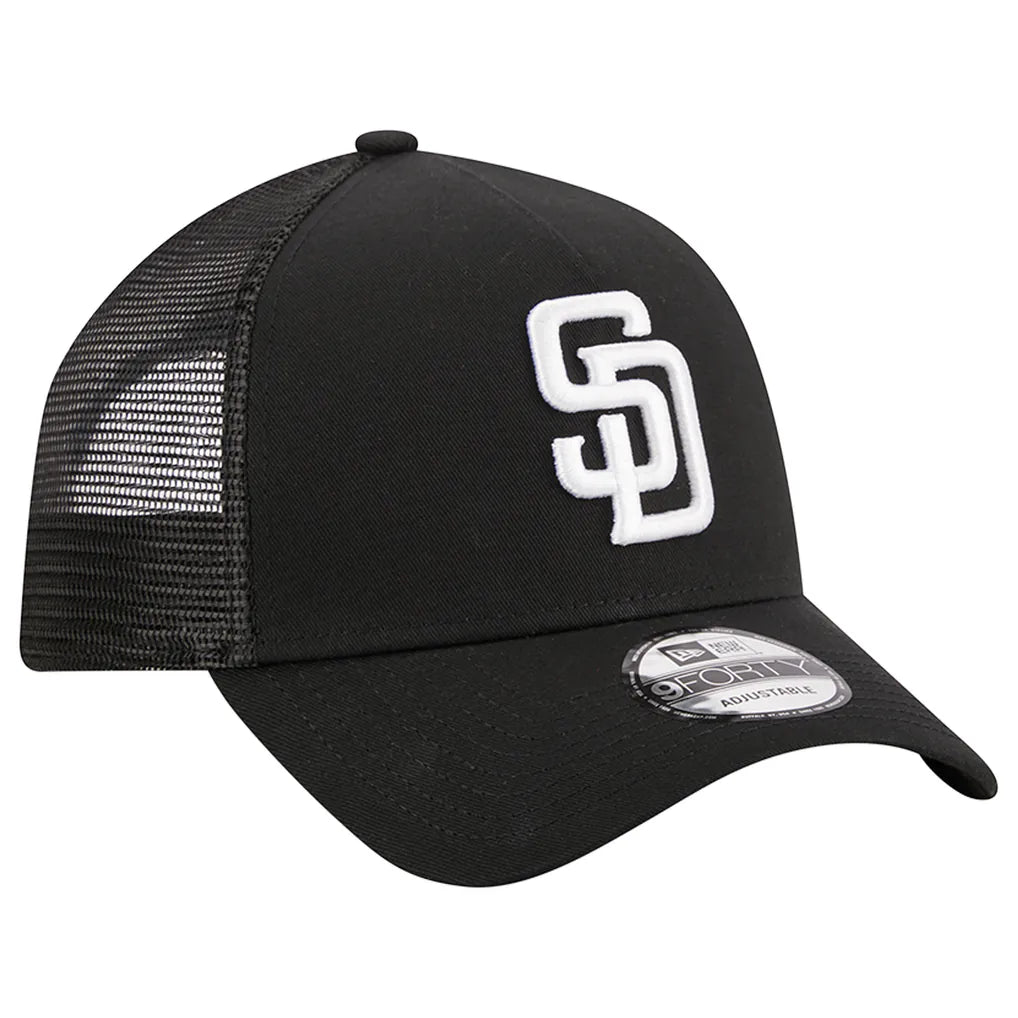 San Diego Padres New Era A-Frame 9FORTY Trucker Adjustable Hat - Black Techwosell
