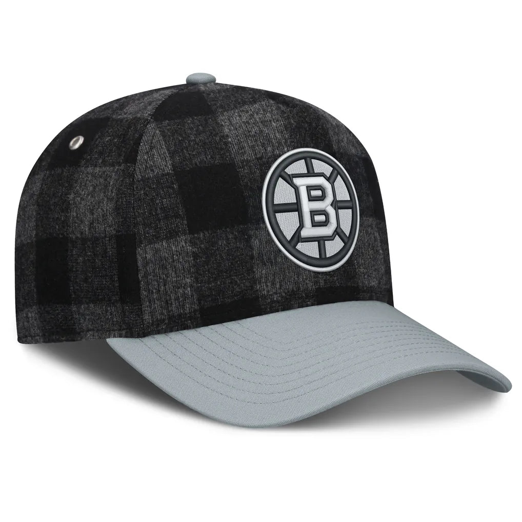 Boston Bruins Fanatics Huntsman Plaid A-Frame Adjustable Hat - Black/Gray