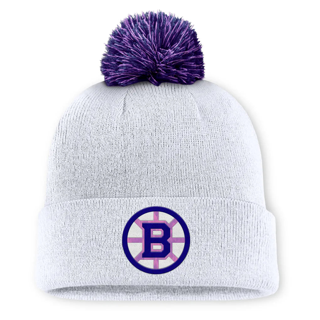 Boston Bruins Fanatics Authentic Pro Hockey Fights Cancer Cuffed Knit Hat with Pom - White