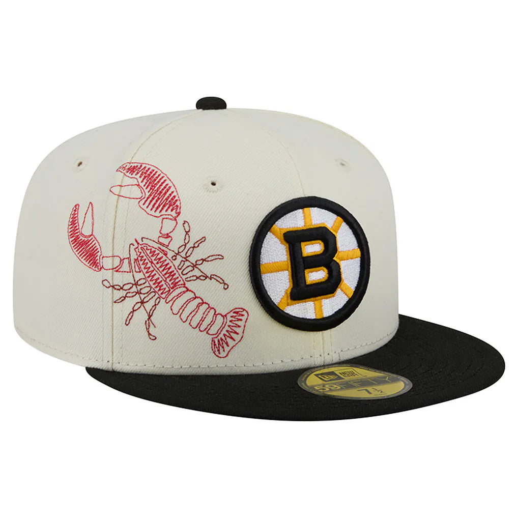 Boston Bruins New Era Localized Stitched 59FIFTY Fitted Hat - Cream/Black Techwosell