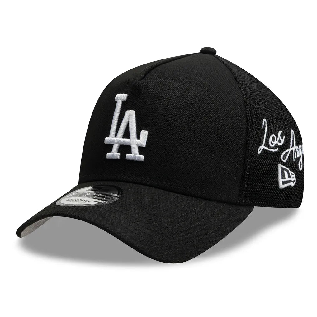 Los Angeles Dodgers New Era Side Script 9FORTY A-Frame Trucker Adjustable Hat - Black Techwosell