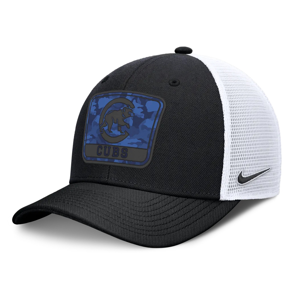 Chicago Cubs Nike Camo Rise Trucker Dri-FIT Adjustable Hat - Black/White