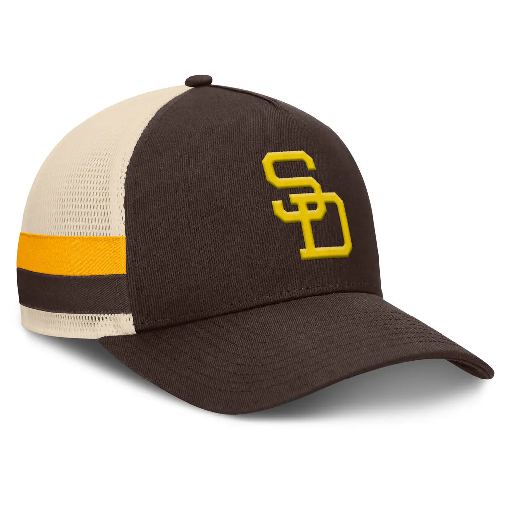 San Diego Padres Fanatics Inherited Side Stripe Trucker Adjustable Hat - Brown/Natural Techwosell