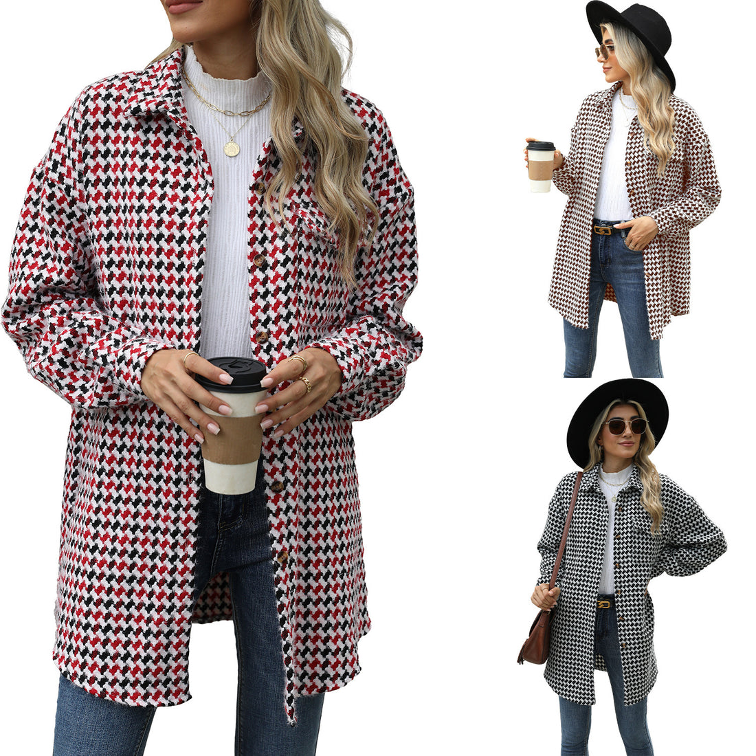 Women's Houndstooth Lapel Mid-length Coat