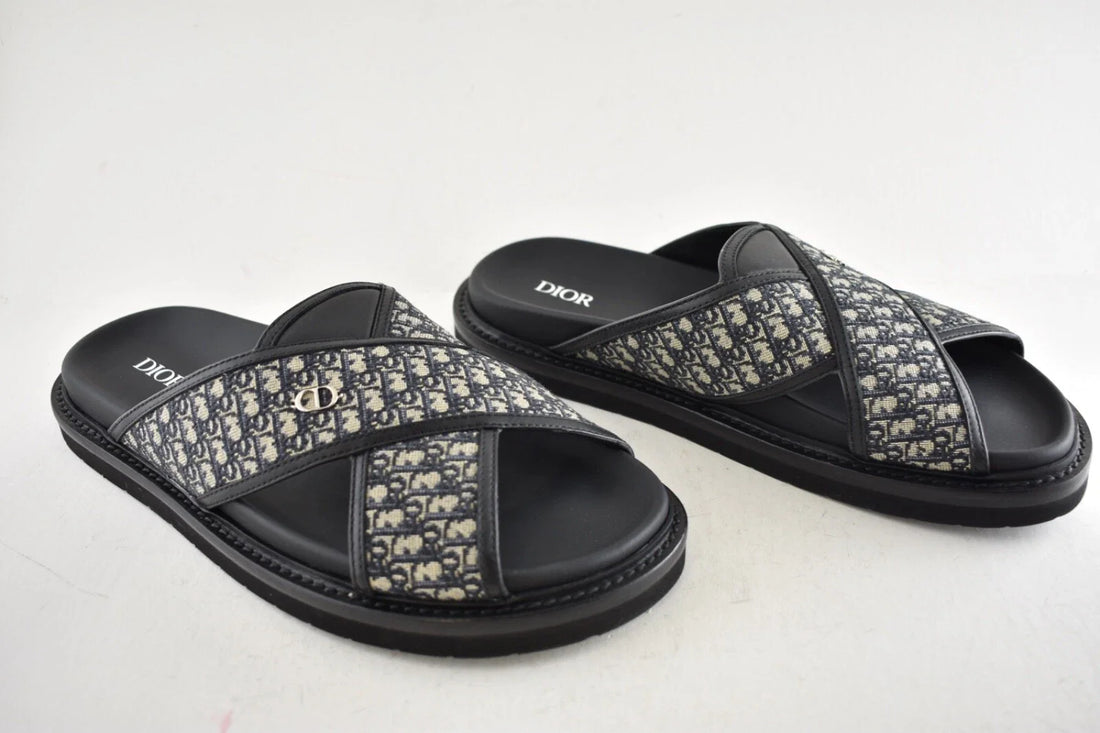 Dior Mens Aqua Sandal Beige Black Blue Oblique Jacquard Logo Slide Slip On